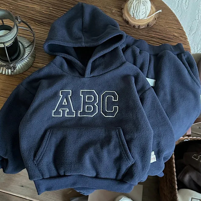 MILANCEL Winter Kids Clothing set Fur Lining Boys Hoodie Set Hooded Sweasthirt And Pants 2Pcs Track Suit blue CN