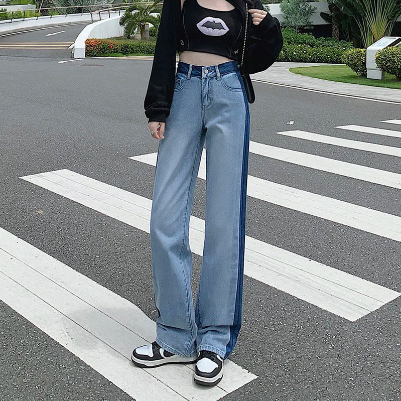 ZOENOVA Loose Women Jeans Spring Straight Wide Leg Pants Trendy Harajuku Streets Y2K High Waist Contrast Stripes Denim Trousers Blue
