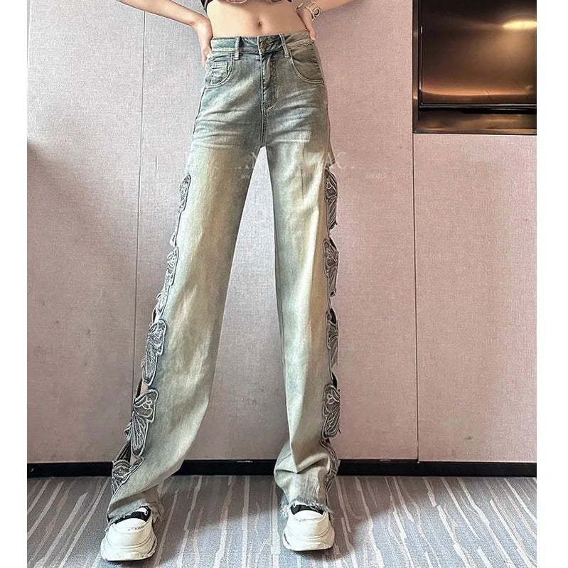 Summer Hollow Lace Jeans Women Panel Diamond Butterfly Feet Slim Fit Embroidered Long Pants Loose Hip Wrap Vintage Stretch 2024 Brown