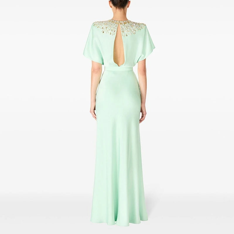 TWOTWINSTYLE Solid Slimming Spliced Bead Luxurious Dresses for Women Round Neck Short Sleeves Tunic Elegant Dress Female Fashion