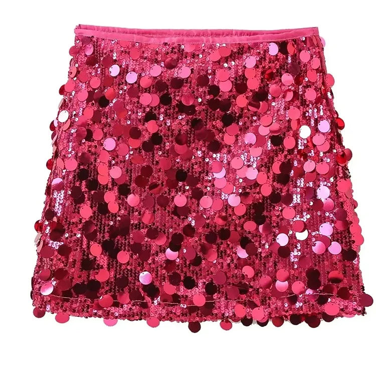 TRAFZA Women New Fashion Y2K Shiny Sequin Skirt Female Elegant High Waist Mini Skirts Casual Woman Sexy Chic Party Skirts