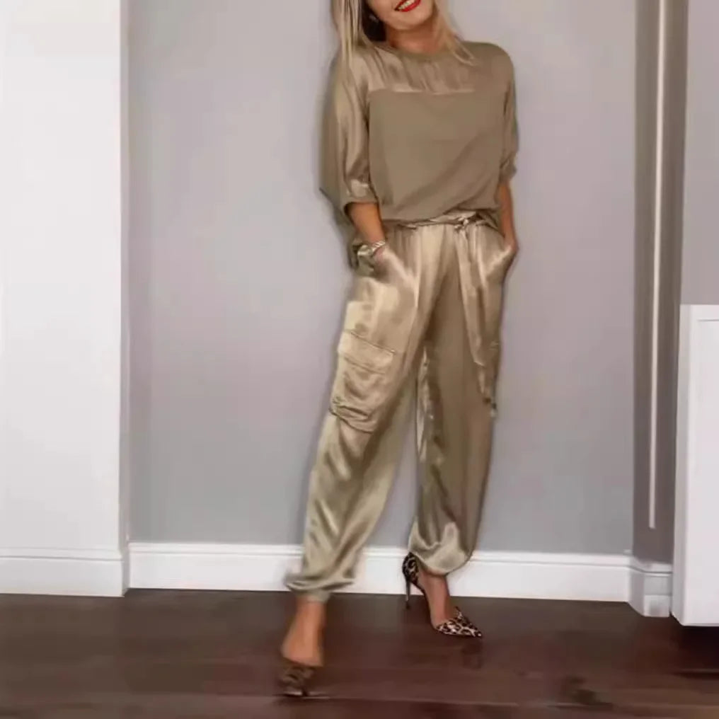 Summer Satin 2 Piece Set Women Casual Solid Color 2 Piece Outfit Half Sleeve Tops Loose Fit Pants Suit Two Piece Sets