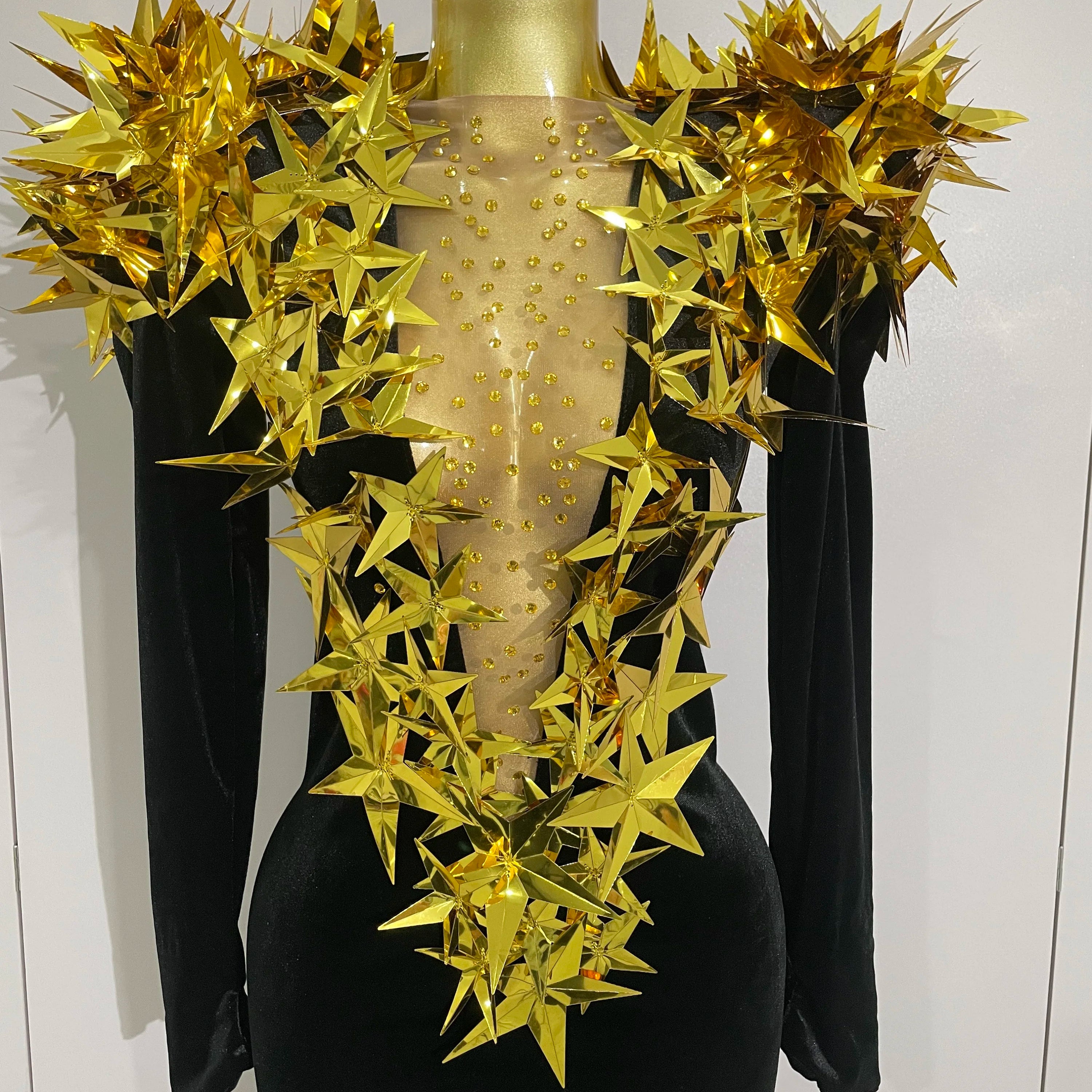 2025 New Shiny Gold Star Rhinestone Velvet Long Dress Women Evening Birthday Party Club Gala Hosts NightClub Bar Stage Costumes