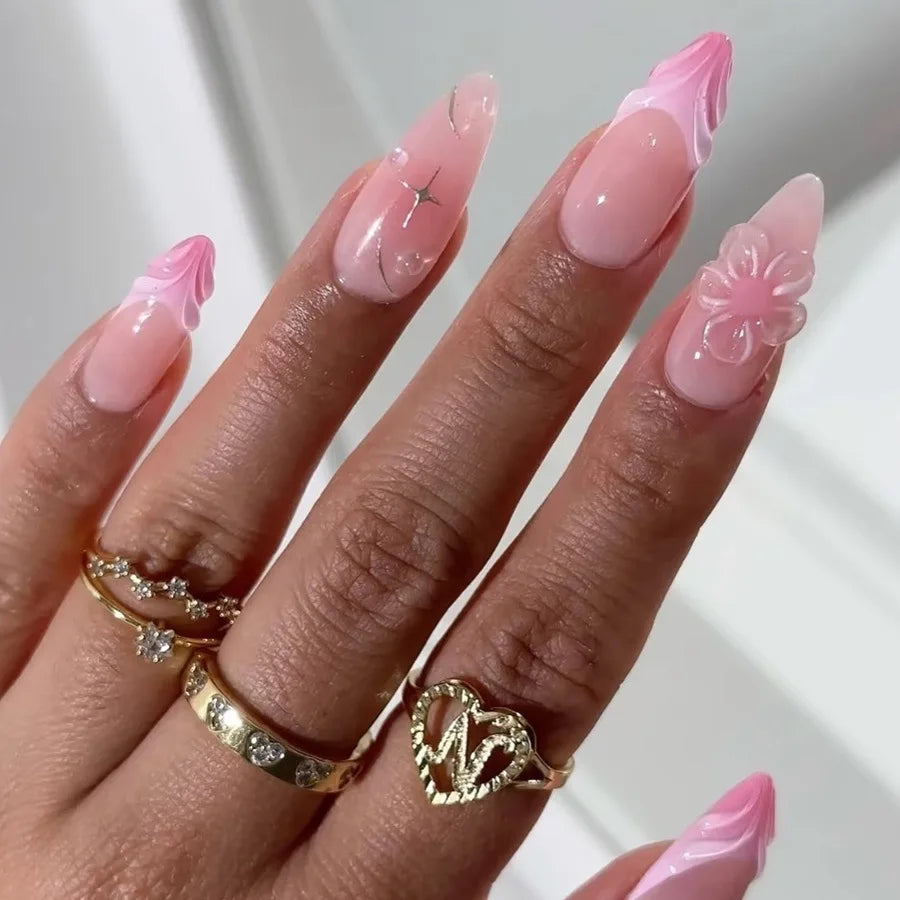 24pcs/set Medium fake nails for women girls 3D embossed flowers fruit shell rhinestones design Almond tips press on false nail