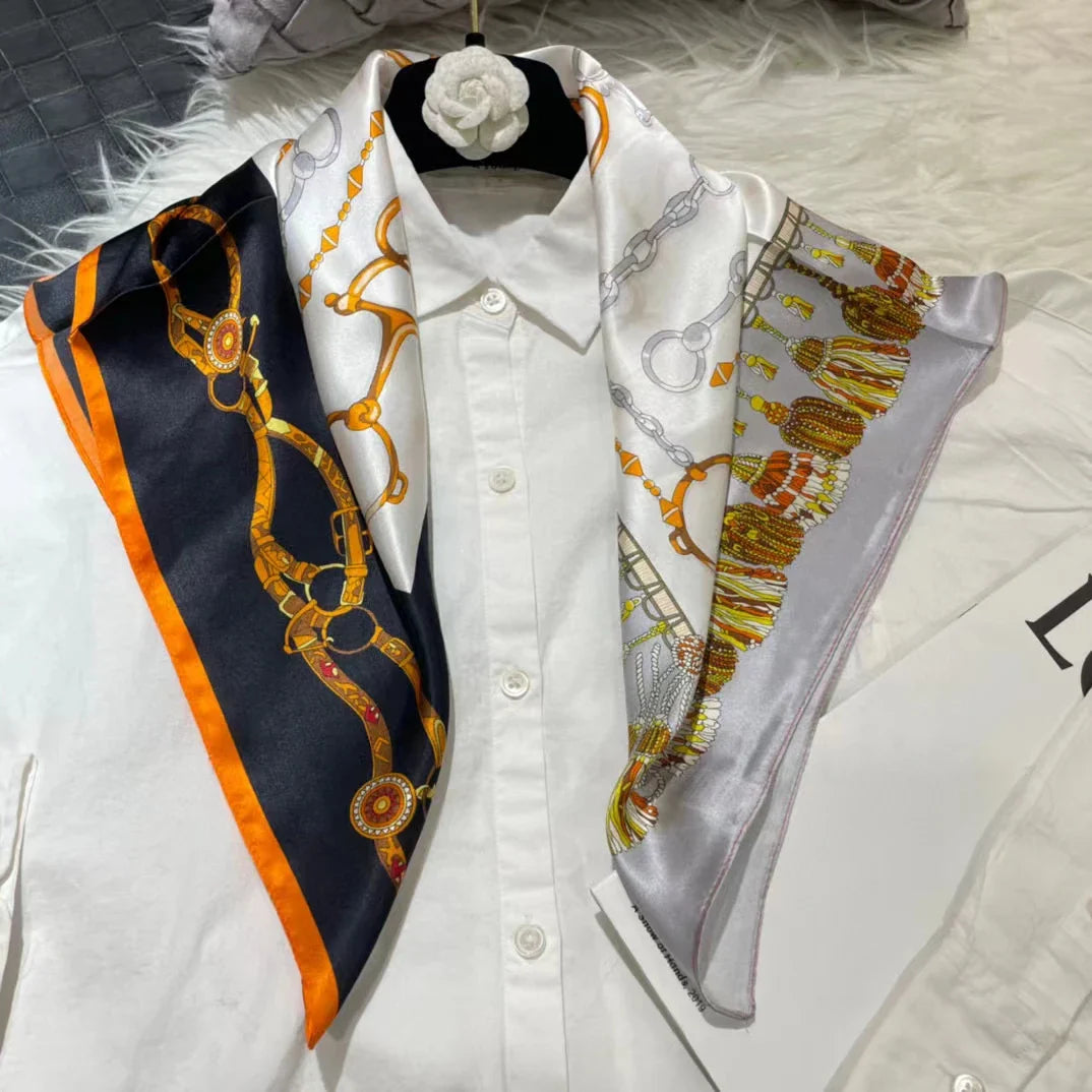 BYSIFA| New Grey Blue Silk Scarf Fashion Floral Design 70cm Square Scarves Fall Winter Neck Scarf Hijab Sweet Headband 65*65cm grey black