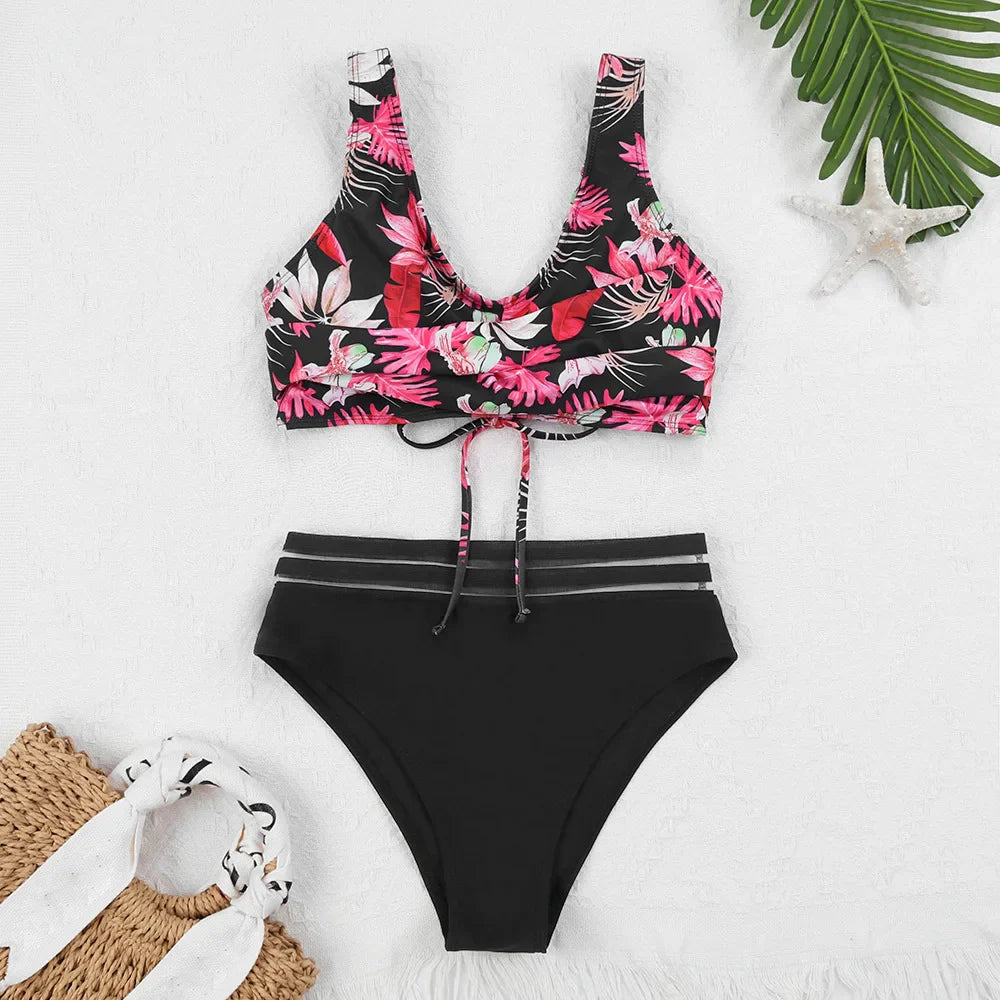 Lace Up High Waist Bikini Woman Swimsuit Women Swimwear Bathing Suit Padded Push Up Floral Print Swimsuit Women Bikini Set 1