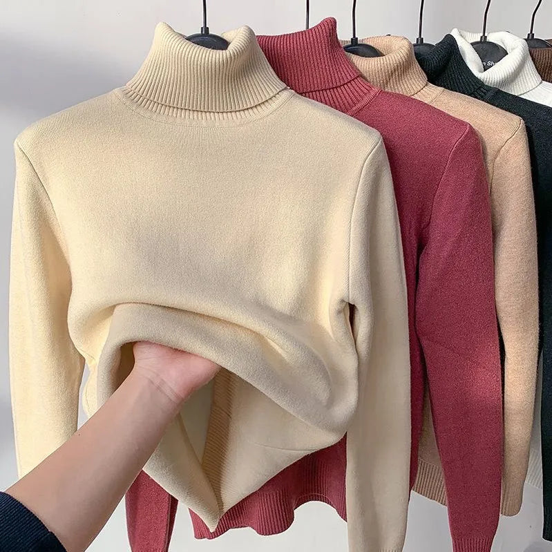 Turtleneck Winter Sweater Women Elegant Thicken Velvet Lined Warm Sueter Knitted Pullover Slim Tops Jersey Knitwear Jumper New Apricot