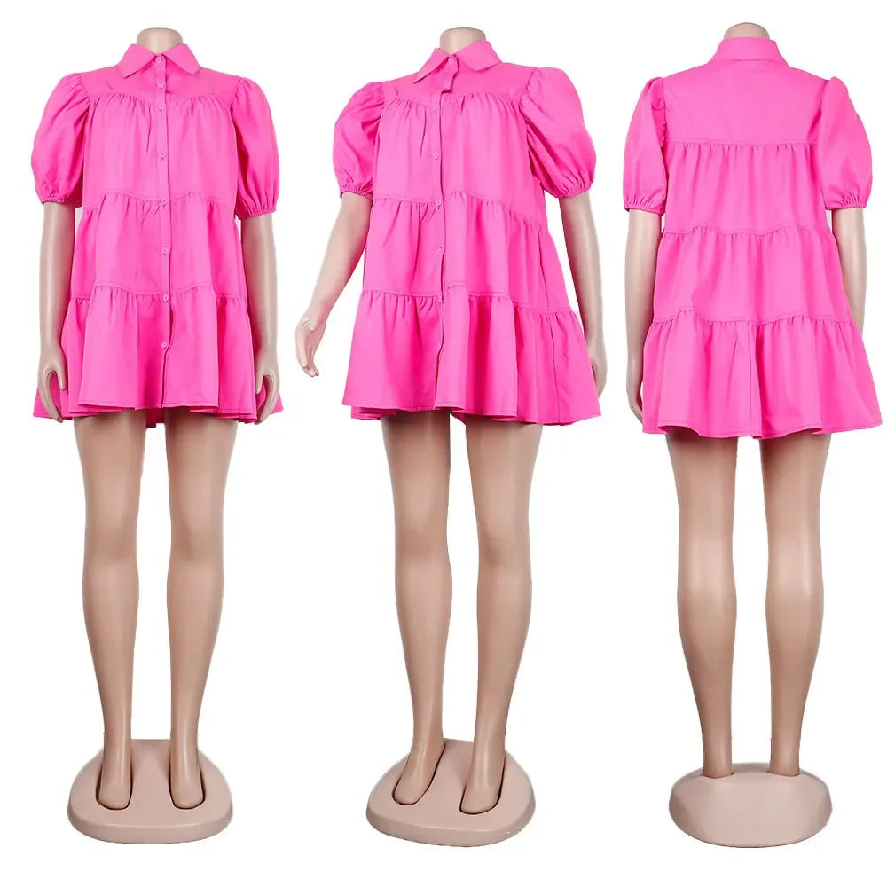 CM.YAYA Elegant Women Puff Sleeve Single Breasted Lapel Collar Babydoll Dress Street White Big Swing Loose Smock Shirt Dresses