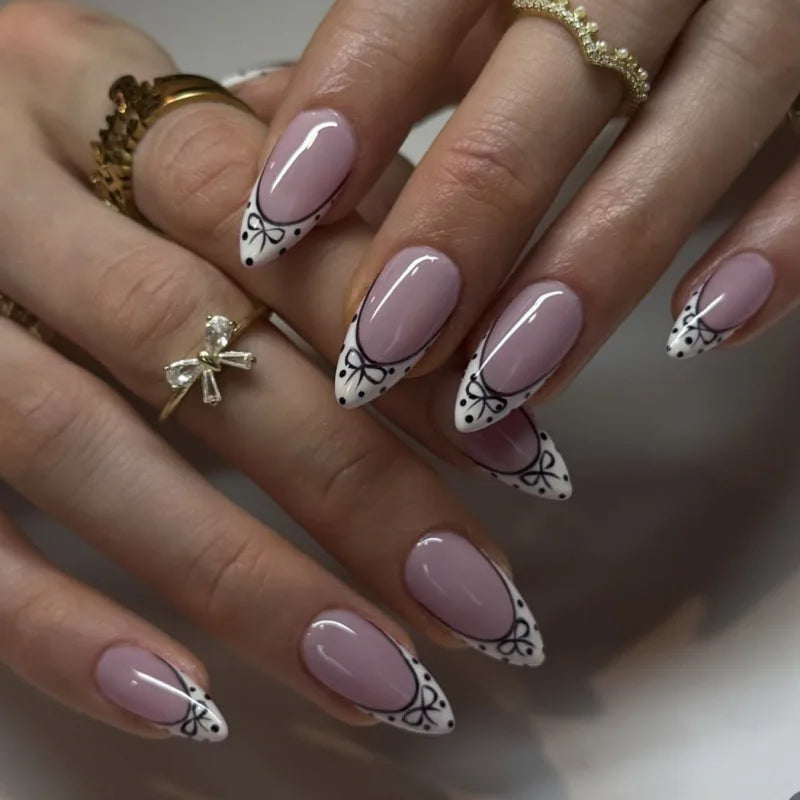 24pcs Short Almond Press on Nails French Black Bow Dot Print False Nails Wearable Reusable Spicy Girl Korean Fake Nails