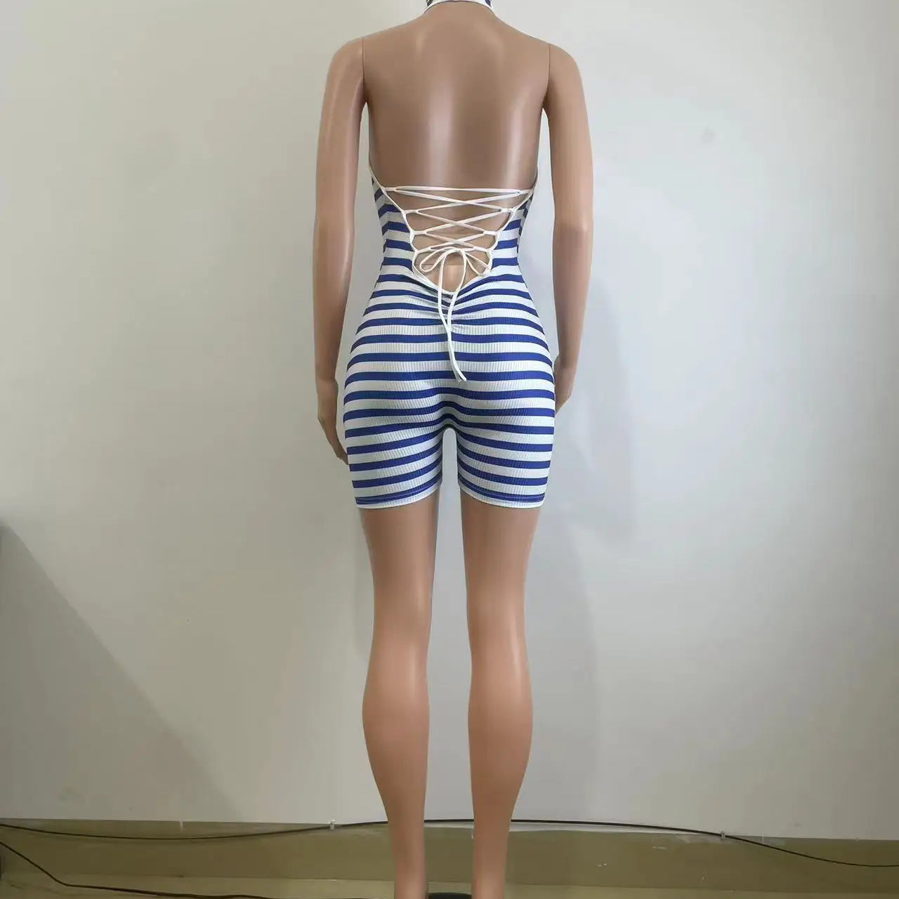 CM.YAYA Women Striped Sleeveless Halter Romper and Playsuit Backless Lace Up 2025 Summer Night Club Chic One Piece Suit Jumpsuit