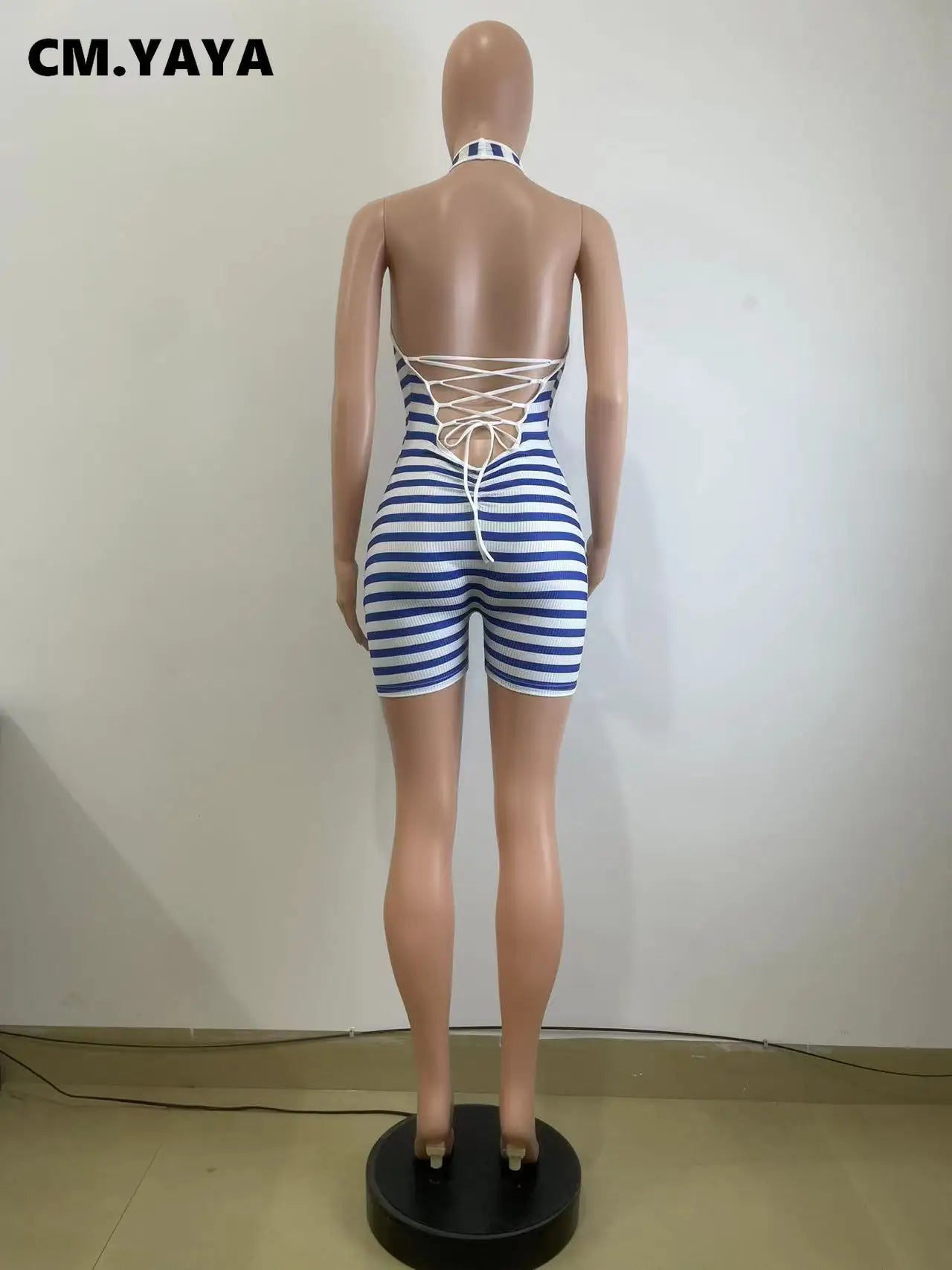CM.YAYA Women Striped Sleeveless Halter Romper and Playsuit Backless Lace Up 2025 Summer Night Club Chic One Piece Suit Jumpsuit