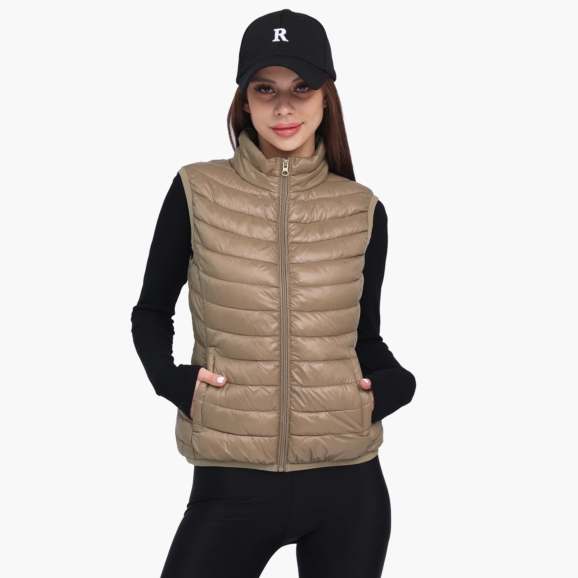 Feminino inverno leve quente resistente à água empacotável colete com bolsos sem mangas gola casacos outerwear 