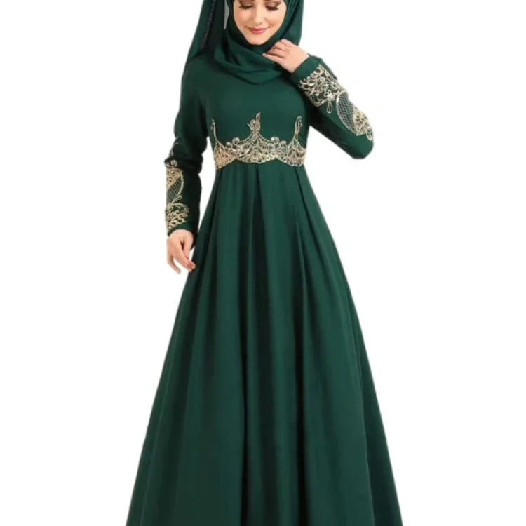 New In Women Dress NO Scarf Elegant Muslim Islam Abaya Embroidered Elastic Falbala High Waist Slim Party Robe Swing Robe Dresses Green