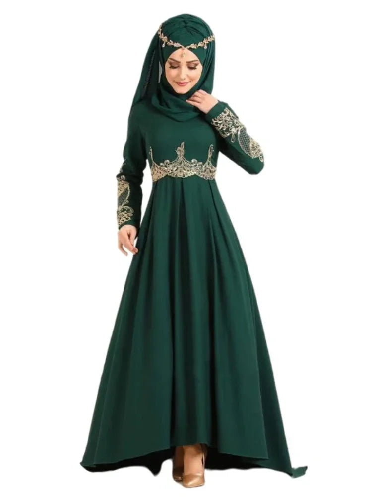 New In Women Dress NO Scarf Elegant Muslim Islam Abaya Embroidered Elastic Falbala High Waist Slim Party Robe Swing Robe Dresses Green