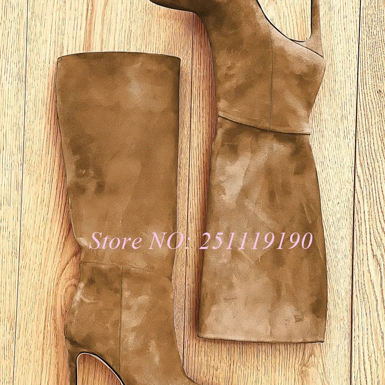 Royal Blue Boots Suede Pointed Toe Botas Women Luxury Designer Shoes Winter 2025 Pull On Slip On Stiletto Knee-high Booties New