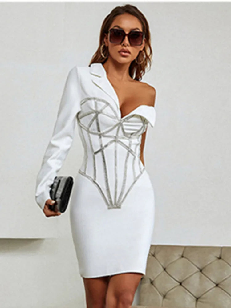 Winter Sexy Long Sleeve Single Beading Sparkly White Mini Women Bodycon Bandage Dress 2022 Elegant Evening Party Dress Vestido