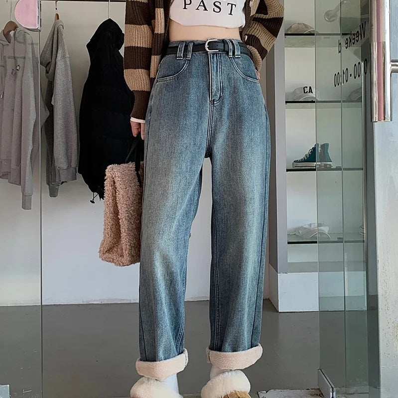 S-XL 2Colors Winter women long Straight wide leg denim pants Thick Warm High waist Denim jeans Trousers for womens+Belt Regular
