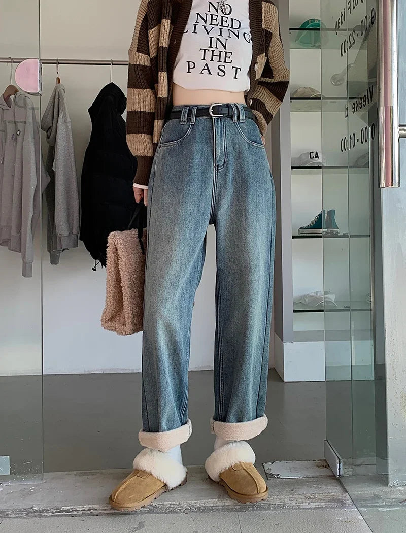 S-XL 2Colors Winter women long Straight wide leg denim pants Thick Warm High waist Denim jeans Trousers for womens+Belt Regular