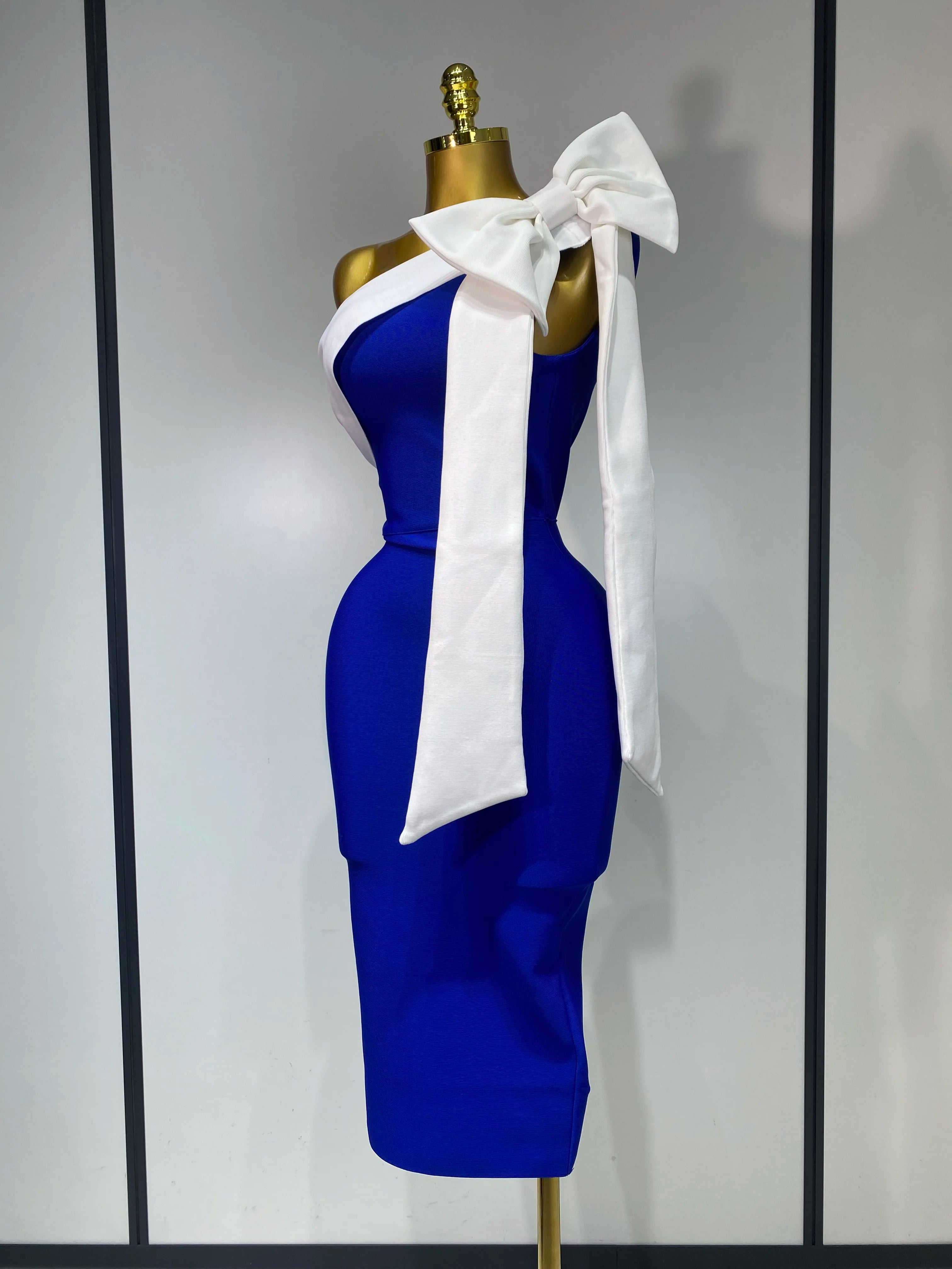 Women Sexy One Shoulder Splicing Bow Bodycon Bandaged Dress Celebrity Elegant Evening Party Luxury Birthday Banquet Dress