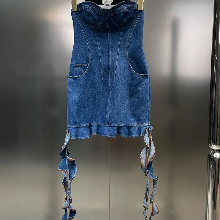 DEAT Line Up Waist Pocket Spiral Decoration Trendy Denim Dresses For Women Strapless Back Zipper Dress Spring 11XX3821