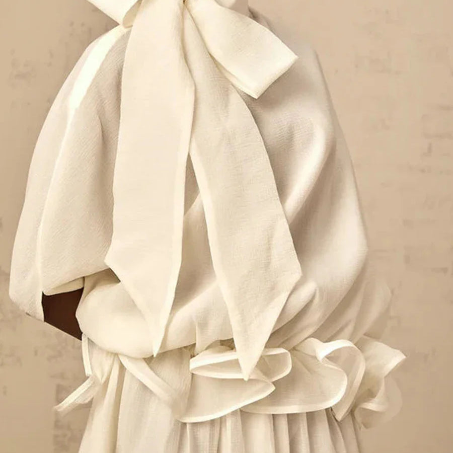 Solid Loose Spliced Bow Tunic Dresses for Women Half High Neck Short Sleeves Patchwork Ruffles Dress Female Clothes