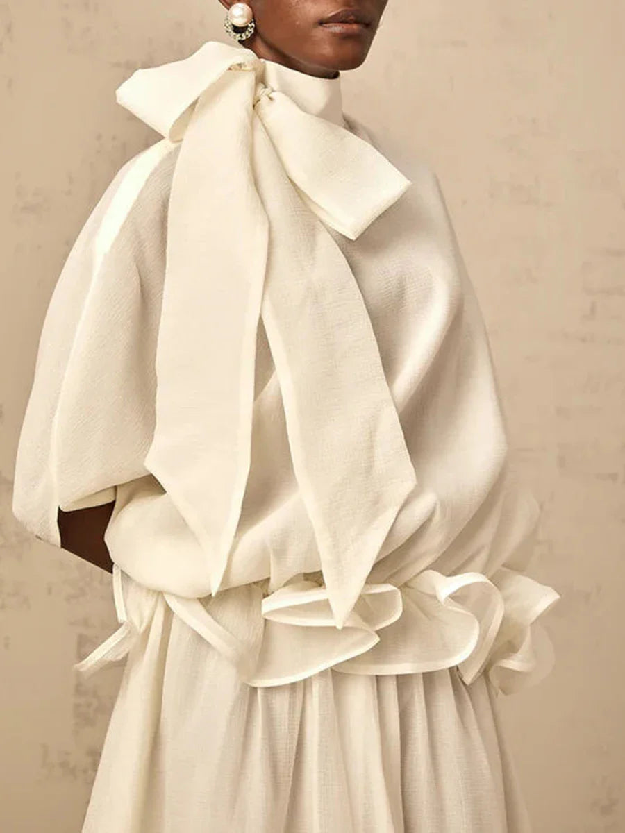 Solid Loose Spliced Bow Tunic Dresses for Women Half High Neck Short Sleeves Patchwork Ruffles Dress Female Clothes