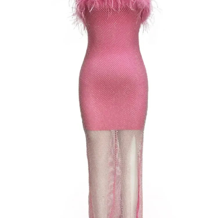 Women Sexy Strapless Ostrich Feathers Pink Crystal  Bodycon Bandage Dress 2024 High Street Shineing Split Party Dress Vestido