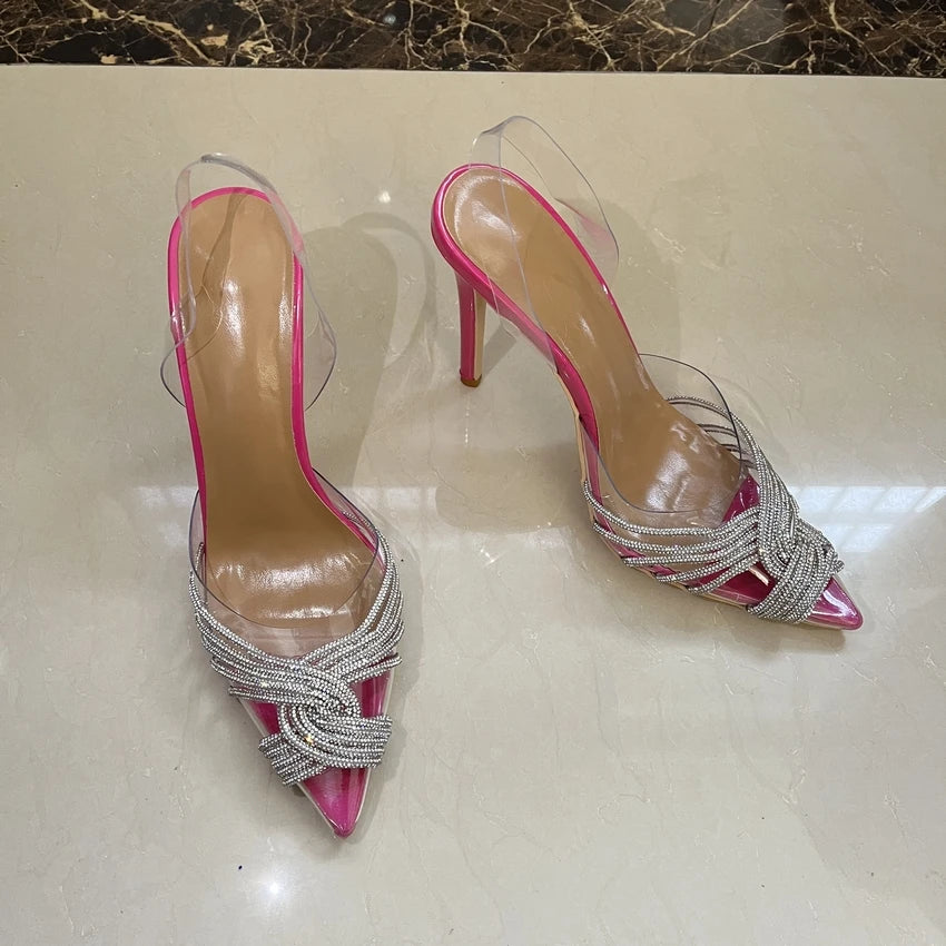 Luxury Rhinestone Women Pumps Wedding Shoes Fashion Clear PVC Sexy High heels Sandals Elegant Summer Party Bridal Shoes Woman BZ-DF rose red
