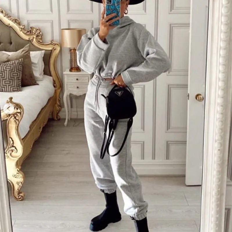 Winter Two Piece Sets Women Tracksuit Oversized Suit Autumn Trouser Suits Female Sweatshirt Solid Sports Hoodie Sportswear Gray
