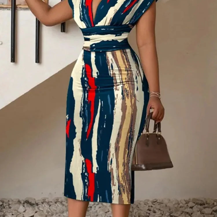 Multicolor Abstract Print Cap Sleeve Midi Dress Navy Blue