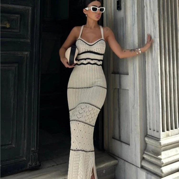 Knitted Long Dress Women Sexy Hollow Out Slim Suspenders Dresses New Summer Sleeveless Backless Beach Holiday Party Dress
