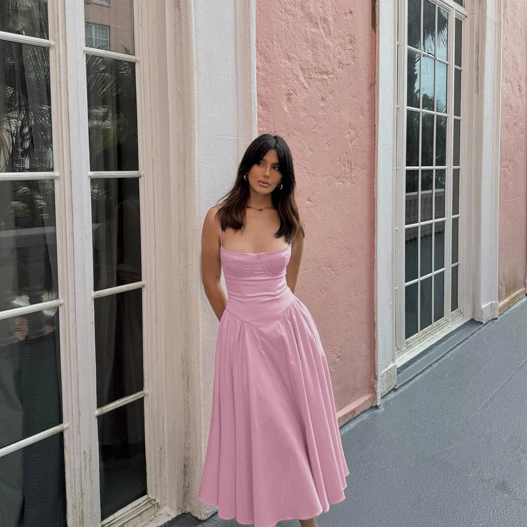 Suninheart Summer Elegant Midi Spaghetti Strap Dresses Slim V Neck A Line Party Dress Khaki Casual Dress Women's Clothing