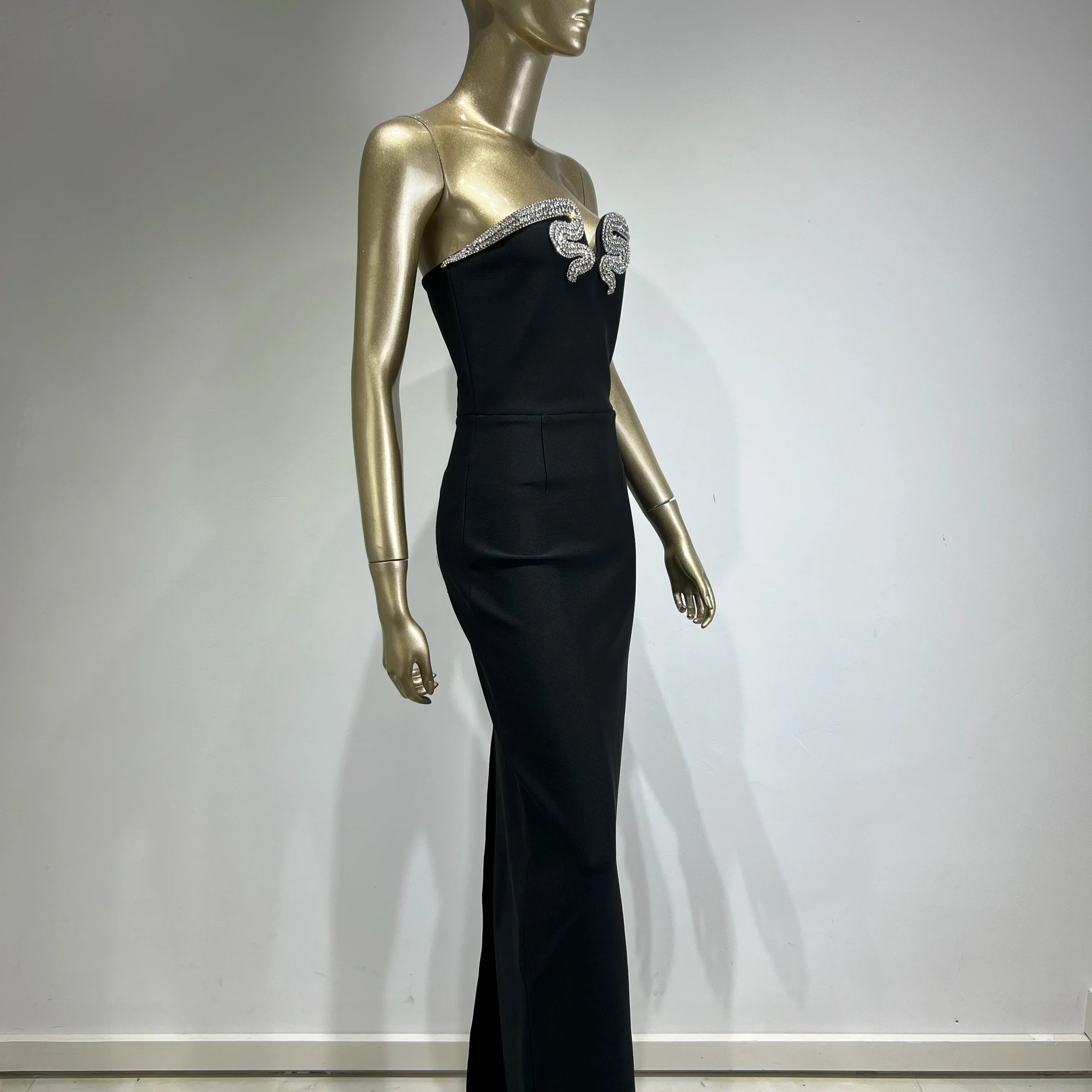 Women Celebrity Sexy Strapless Backless Diamonds Black Maxi Long Bodycon Bandage Dress Elegant Evening Club Party Dress