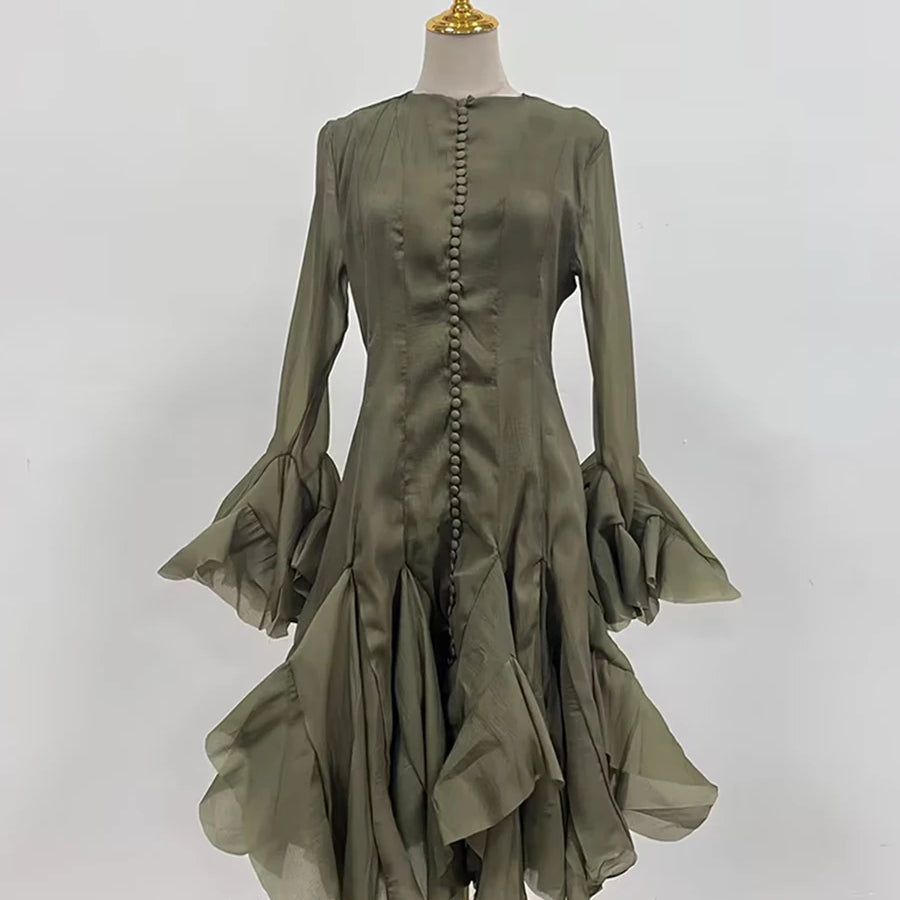 TWOTWINSTYLE Solid Spliced Button Slimming Dresses For Women O Neck Long Sleeve High Waist Patchwork Ruffles Female Fashion