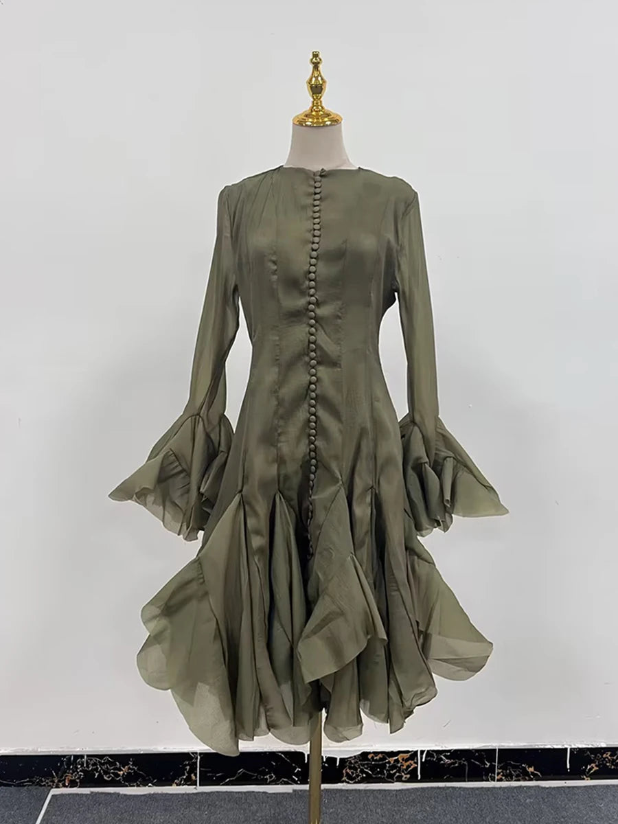 TWOTWINSTYLE Solid Spliced Button Slimming Dresses For Women O Neck Long Sleeve High Waist Patchwork Ruffles Female Fashion