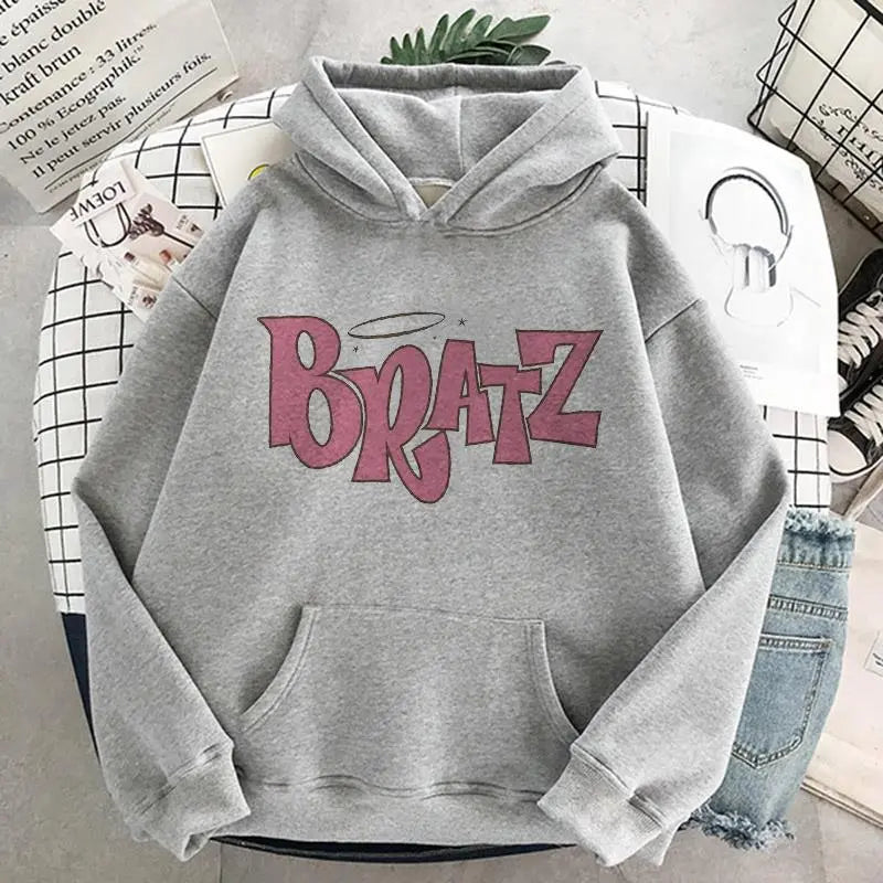 Bratz Letter Printed Plus Size Hooded Sweatshirt Men Women Hoodie Hip Hop Long Sleeve Streetwear Unisex Comfortable Clothes Tops GRAY