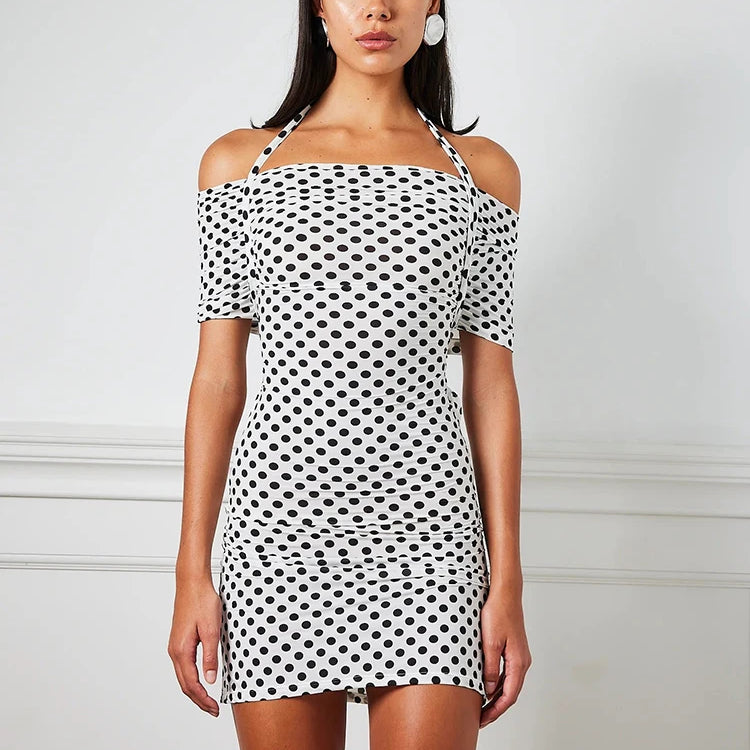 Robe mini bustier à pois pour femme, col licou, épaules dénudées, dos nu, sans manches, moulante, tenue de soirée élégante