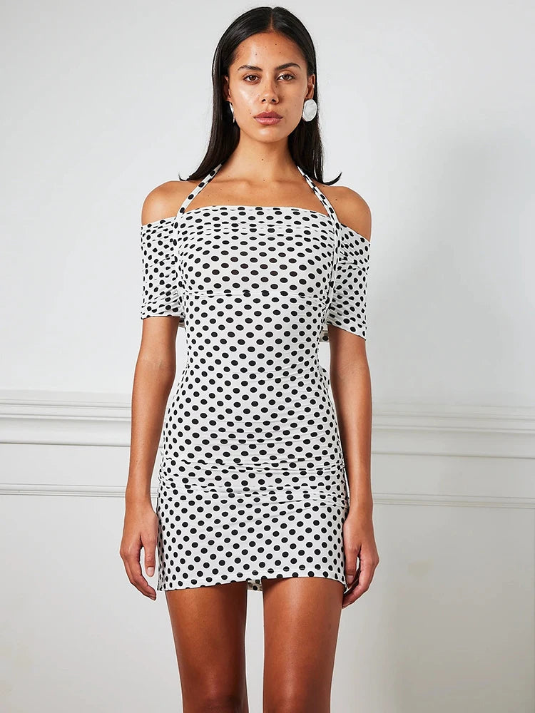 Strapless Polka Dot Mini Dress For Women Robe Halter Off-shoulder Backless Sleeveless Skinny Club Party Dress Elegant