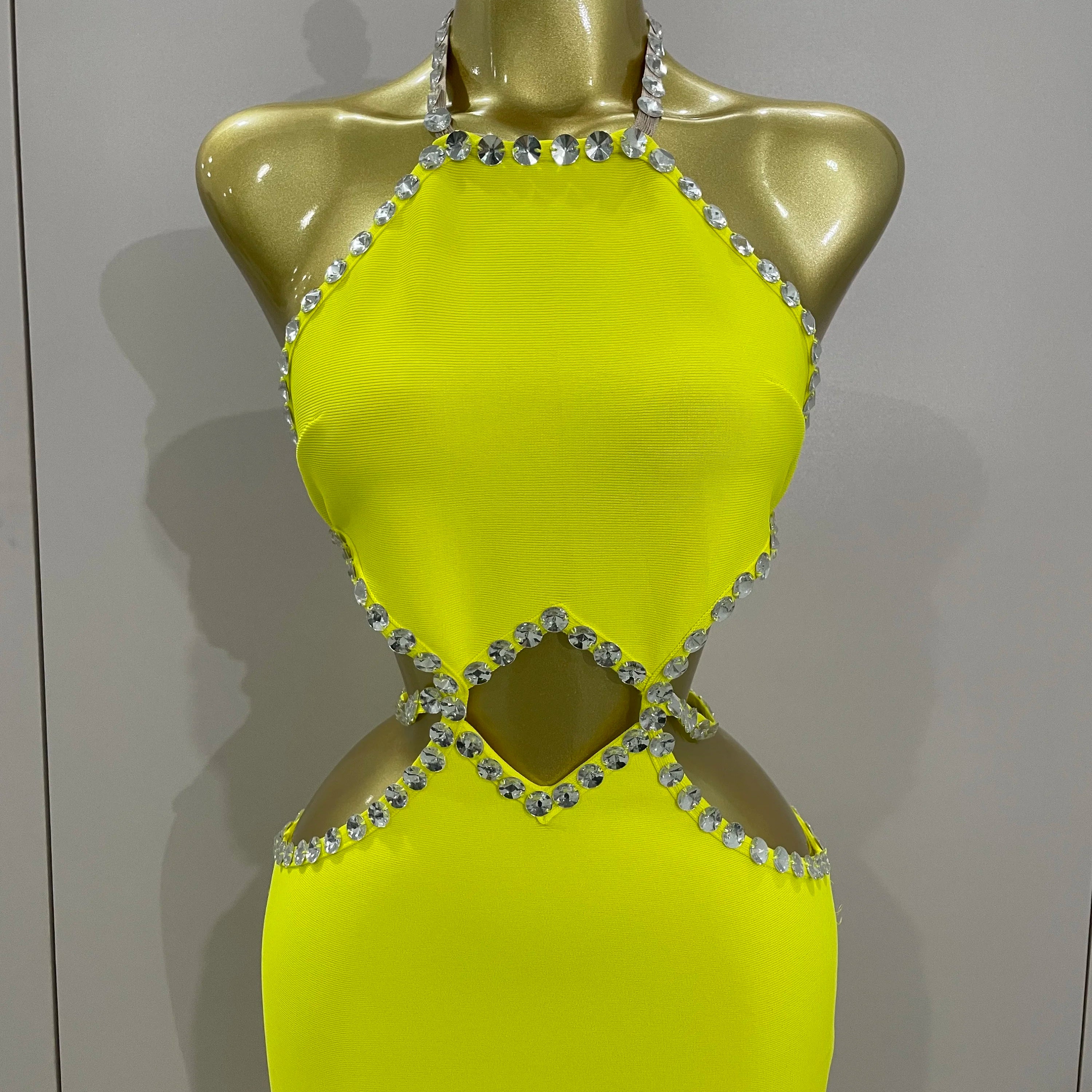 Vestido longo longo, sensual, frente única, com contas, amarelo-limão, 2025, elegante, para festa de aniversário, clube noturno