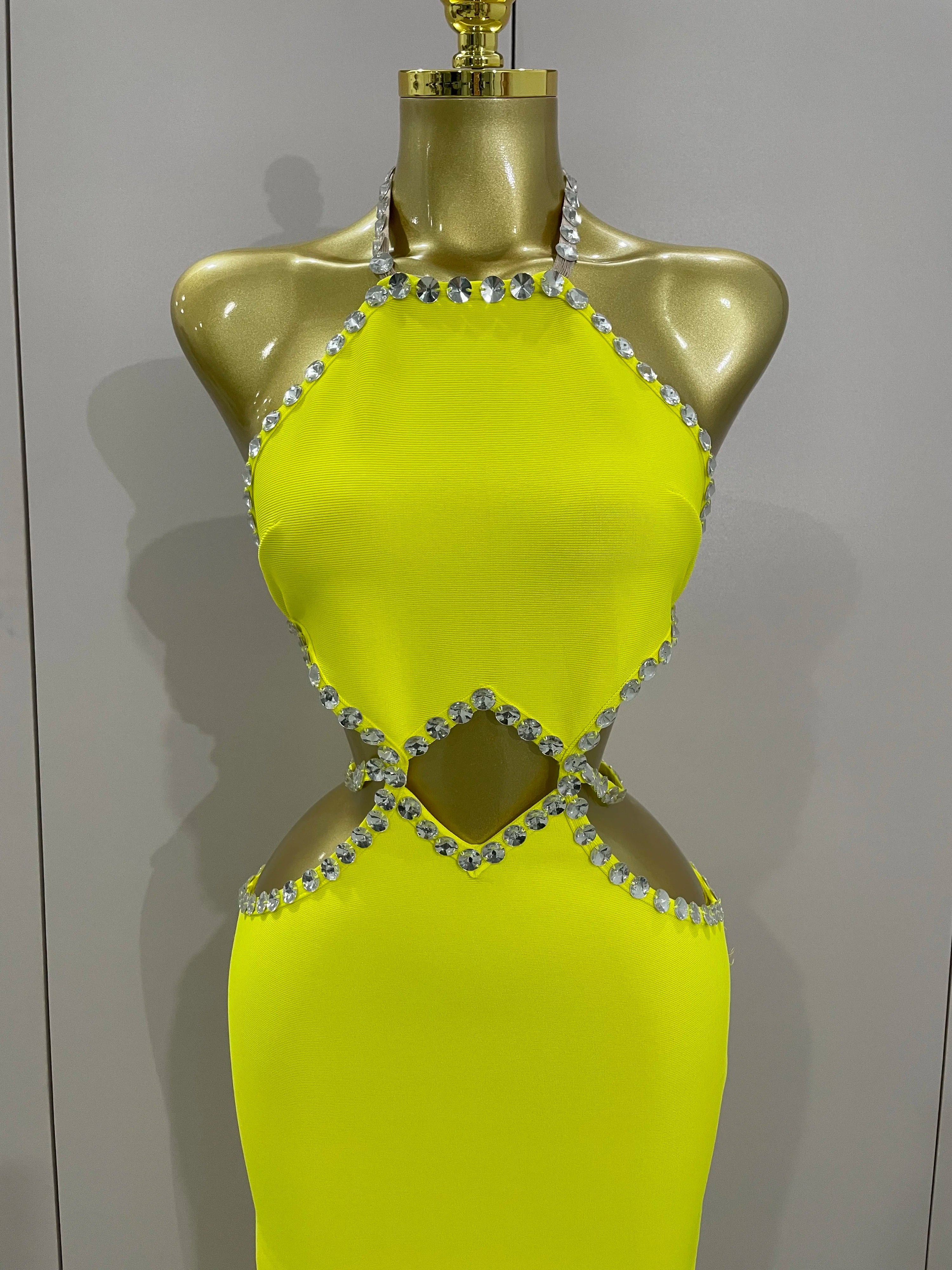 Vestido longo longo, sensual, frente única, com contas, amarelo-limão, 2025, elegante, para festa de aniversário, clube noturno