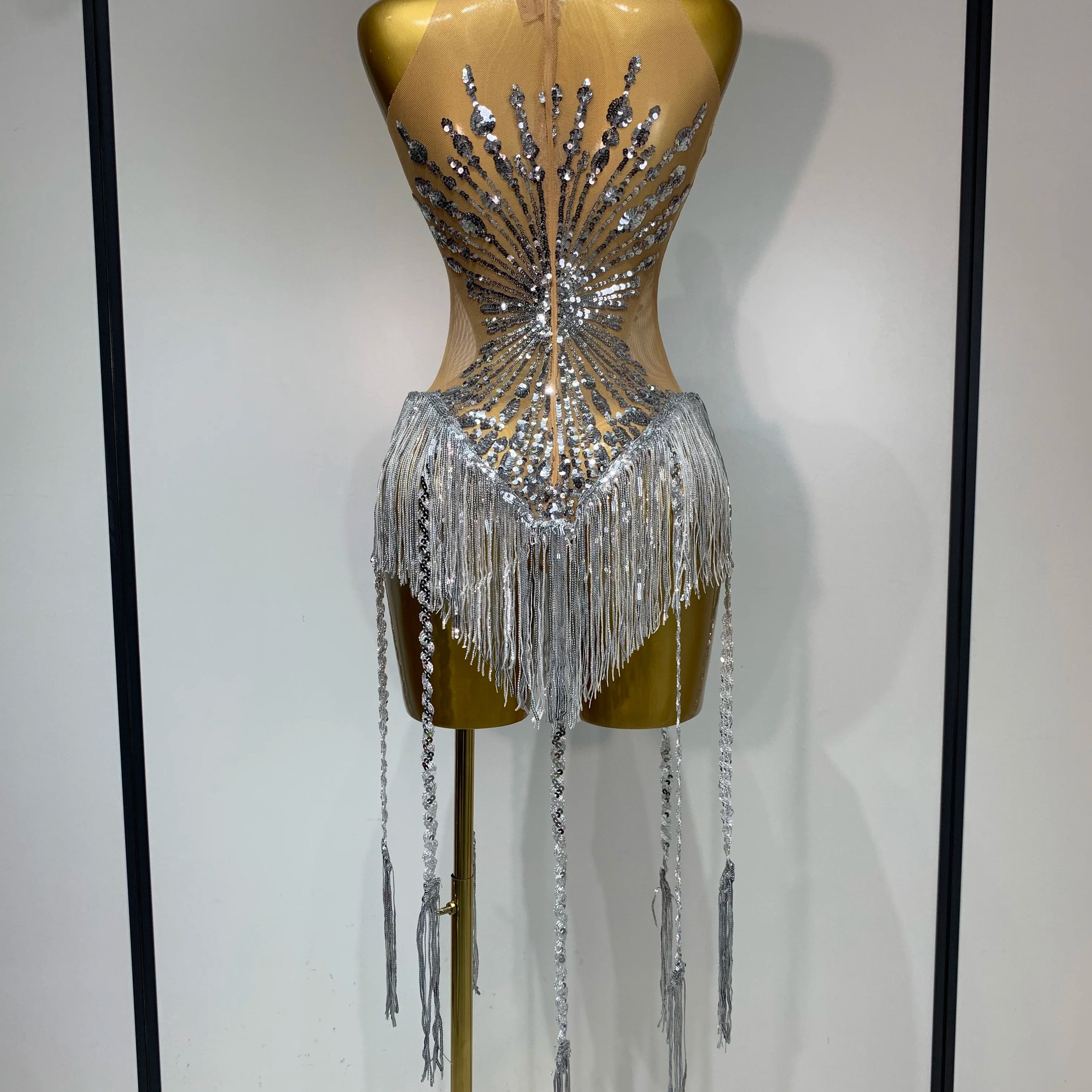 Women Sexy Mesh See Through Diamonds Long Tassels Bodysuit Luxury Evening Party Bar Nightclub Stage Performance Singer Outfit