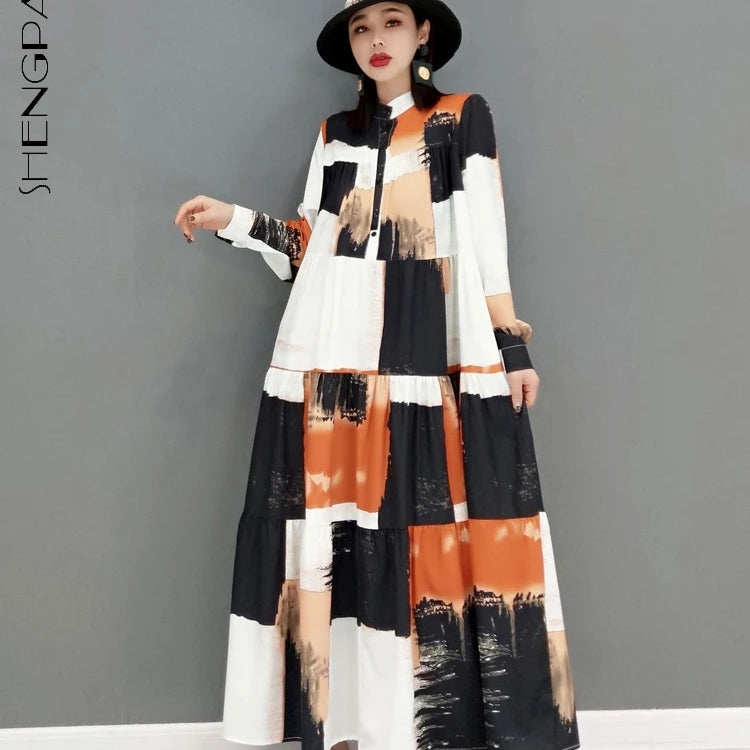 SHENGPALAE 2024 Autumn Fashion Tide Dress For Women Stand-up Collar Long Sleeve Printing Elegant Loose Fit Female Robe 5AE209