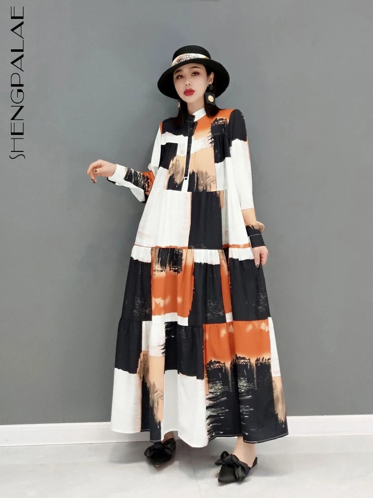 SHENGPALAE 2024 Autumn Fashion Tide Dress For Women Stand-up Collar Long Sleeve Printing Elegant Loose Fit Female Robe 5AE209