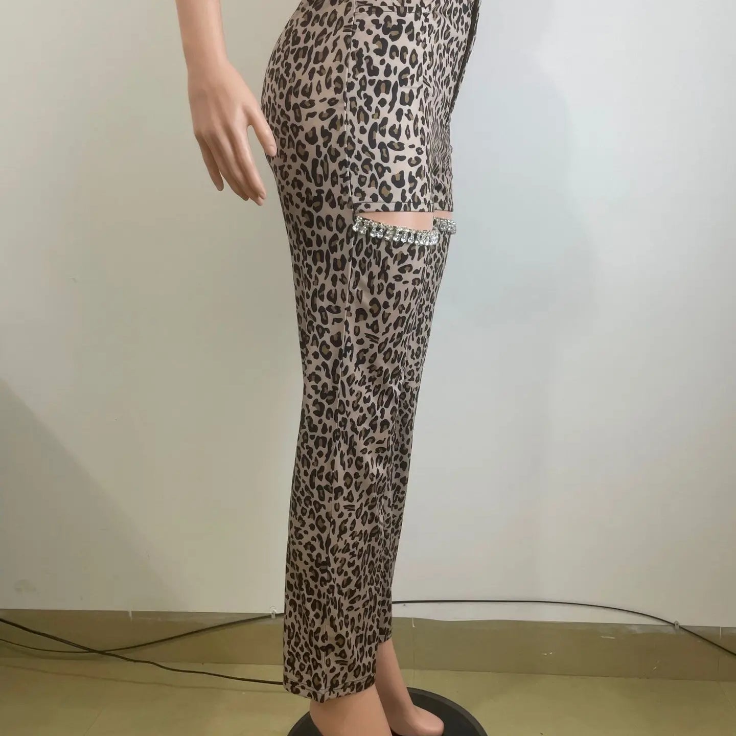 CM.YAYA Women Cutout Diamonds Crystal Hollow Out Straight Pants 2024 Fall Winter Leopard Print  High Waist Wide Leg Trousers