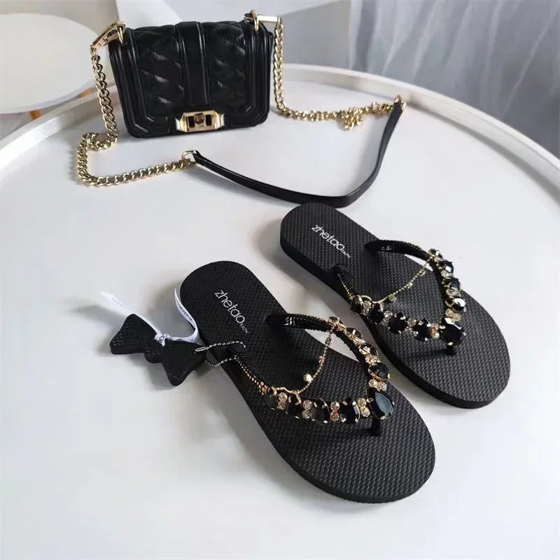 Comfortable and Fashionable All-match Beach Shoes Non-slip Soft Bottom Casual Flip-flops Rhinestone Chain Flat Slippers