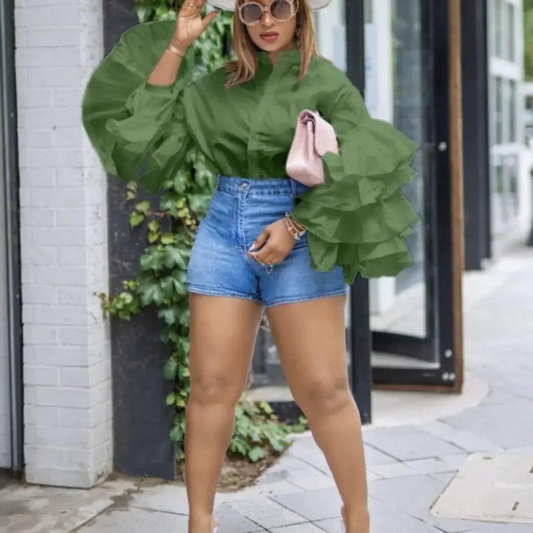 CM.YAYA Women Shirts Solid Full Ruffles Sleeve Turn-down Collar Single Breasted Loose Shirts Office Lady Streetwear Summer Tops