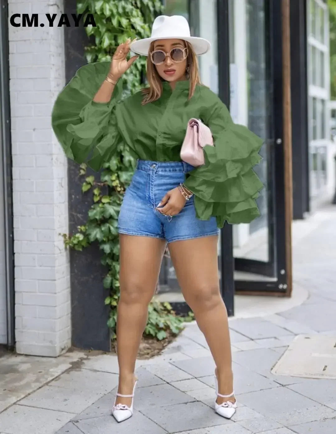 CM.YAYA Women Shirts Solid Full Ruffles Sleeve Turn-down Collar Single Breasted Loose Shirts Office Lady Streetwear Summer Tops