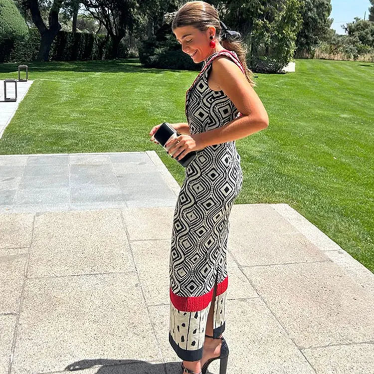 Women Elegant Printed Round Neck Long Dress Fashion Flying Sleeves High Waist Color Block Dresses Summer Vacation Street Robes