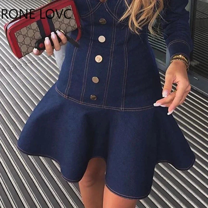 Women Casual Bright Line Decoration Long Sleeves button Ruffle Hem Bodycon Mini Denim Dresses
