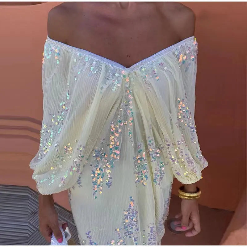 Strapless Pleated Sequins Dress Women New Fashion Lantern Sleeves V-Neck Lace Midi Dresses Female Evening Party Vestidos